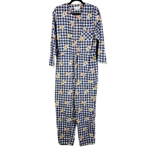 Kathy Ireland Jumpsuit Womens Medium Cotton Flannel Teddy Bear Check Plaid Cozy - Picture 1 of 15